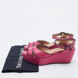 Salvatore Ferragamo Pink/Black Patent Leather Platform Ankle Strap Sandals Size 37