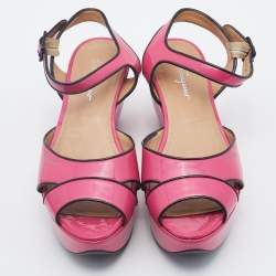 Salvatore Ferragamo Pink/Black Patent Leather Platform Ankle Strap Sandals Size 37