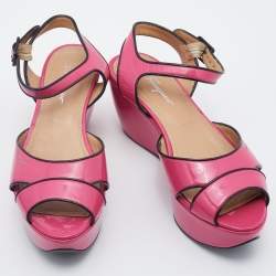 Salvatore Ferragamo Pink/Black Patent Leather Platform Ankle Strap Sandals Size 37