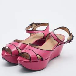 Salvatore Ferragamo Pink/Black Patent Leather Platform Ankle Strap Sandals Size 37