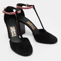 Pre Owned Salvatore Ferragamo Black/Pink Suede And Leather Fergie T-Strap Pumps Size 40