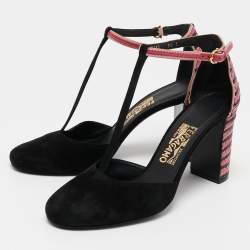 Pre Owned Salvatore Ferragamo Black/Pink Suede And Leather Fergie T-Strap Pumps Size 40