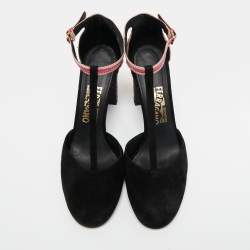 Pre Owned Salvatore Ferragamo Black/Pink Suede And Leather Fergie T-Strap Pumps Size 40
