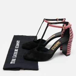 Pre Owned Salvatore Ferragamo Black/Pink Suede And Leather Fergie T-Strap Pumps Size 40