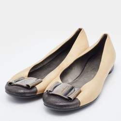 Pre Owned Salvatore Ferragamo Metallic Gold/Black Leather Cap Toe Metal Trim Ballet Flats Size 36