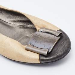 Pre Owned Salvatore Ferragamo Metallic Gold/Black Leather Cap Toe Metal Trim Ballet Flats Size 36