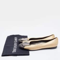 Pre Owned Salvatore Ferragamo Metallic Gold/Black Leather Cap Toe Metal Trim Ballet Flats Size 36