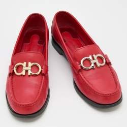 Pre Owned Salvatore Ferragamo Red Leather Rolo Gancini Loafers Size 38