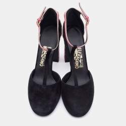 Salvatore Ferragamo Black/Pink Suede And Leather Fergie T-Strap Pumps Size 39