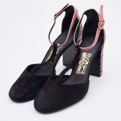 Salvatore Ferragamo Black/Pink Suede And Leather Fergie T-Strap Pumps Size 39