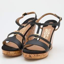 Salvatore Ferragamo Black Leather Savita Cork Wedge Sandals