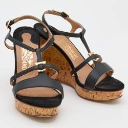 Salvatore Ferragamo Black Leather Savita Cork Wedge Sandals Size 37.5