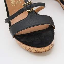 Salvatore Ferragamo Black Leather Savita Cork Wedge Sandals Size 37.5