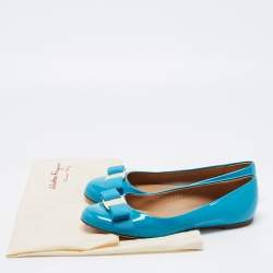 Pre Owned Salvatore Ferragamo Blue Patent Leather Vara Bow Flats Size 36.5