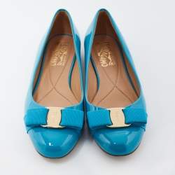 Pre Owned Salvatore Ferragamo Blue Patent Leather Vara Bow Flats Size 36.5