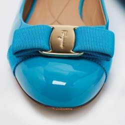 Pre Owned Salvatore Ferragamo Blue Patent Leather Vara Bow Flats Size 36.5