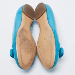 Pre Owned Salvatore Ferragamo Blue Patent Leather Vara Bow Flats Size 36.5