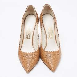 Pre Owned Salvatore Ferragamo Brown Leather Laser Cut Leather Pumps Size 40.5