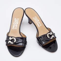 Pre Owned Salvatore Ferragamo Black Patent Leather Gancini Slide Sandals Size 39.5