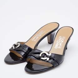 Pre Owned Salvatore Ferragamo Black Patent Leather Gancini Slide Sandals Size 39.5