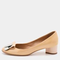 Pre Owned Salvatore Ferragamo Beige Patent Leather Block Heel Pumps Size 38.5
