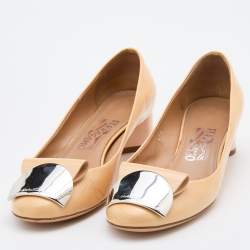 Pre Owned Salvatore Ferragamo Beige Patent Leather Block Heel Pumps Size 38.5