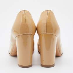 مملوكة مسبقًا Salvatore Ferragamo Beige Patent Leather Bow Block Heel Pumps Size 37