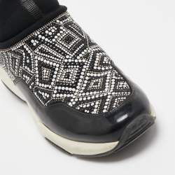 Pre Owned Salvatore Ferragamo Black Patent and Fabric Crystal Embellished Low Top Sneakers Size 38