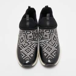 Pre Owned Salvatore Ferragamo Black Patent and Fabric Crystal Embellished Low Top Sneakers Size 38