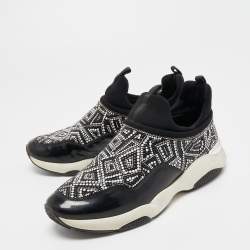 Pre Owned Salvatore Ferragamo Black Patent and Fabric Crystal Embellished Low Top Sneakers Size 38