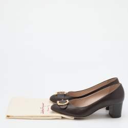 Pre Owned Salvatore Ferragamo Brown Leather Gancini Block Heel Pumps Size 36.5
