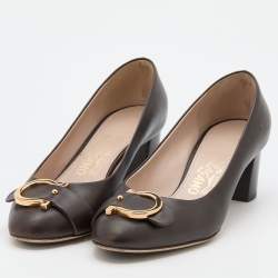 Pre Owned Salvatore Ferragamo Brown Leather Gancini Block Heel Pumps Size 36.5