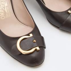 Pre Owned Salvatore Ferragamo Brown Leather Gancini Block Heel Pumps Size 36.5