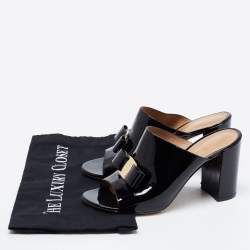 Pre Owned Salvatore Ferragamo Black Patent Leather Vara Bow Block Heel Mules Size 38