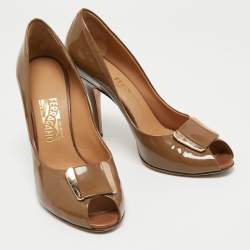 Pre Owned Salvatore Ferragamo Brown Patent Leather Peep Toe Pumps Size 41