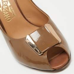 Pre Owned Salvatore Ferragamo Brown Patent Leather Peep Toe Pumps Size 41