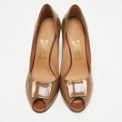 Pre Owned Salvatore Ferragamo Brown Patent Leather Peep Toe Pumps Size 41