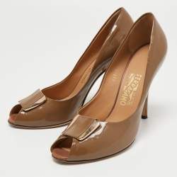 Pre Owned Salvatore Ferragamo Brown Patent Leather Peep Toe Pumps Size 41