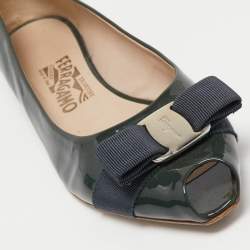 Pre Owned Salvatore Ferragamo Dark Grey Patent Leather Vara Bow Peep Toe Ballet Flats Size 39