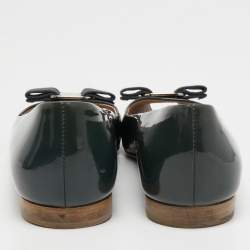 Pre Owned Salvatore Ferragamo Dark Grey Patent Leather Vara Bow Peep Toe Ballet Flats Size 39