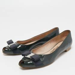 Pre Owned Salvatore Ferragamo Dark Grey Patent Leather Vara Bow Peep Toe Ballet Flats Size 39