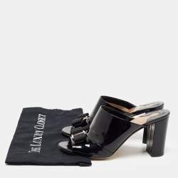 Salvatore Ferragamo Black Patent Leather Vara Bow Block Heel Mules Size 38