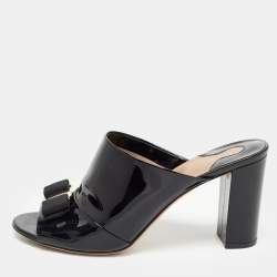 Salvatore Ferragamo Black Patent Leather Vara Bow Block Heel Mules Size 38