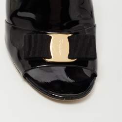 Salvatore Ferragamo Black Patent Leather Vara Bow Block Heel Mules Size 38