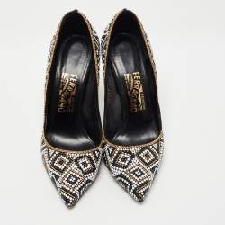 Pre Owned Salvatore Ferragamo Black/White Suede and Mosaic Embellished Pointed Toe Pumps Size 38