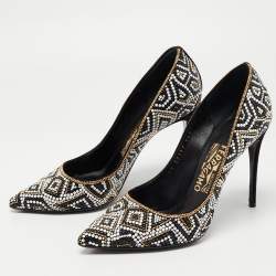 Pre Owned Salvatore Ferragamo Black/White Suede and Mosaic Embellished Pointed Toe Pumps Size 38