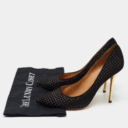 Pre Owned Salvatore Ferragamo Black Laser Cut Suede and Glitter Pointed Toe Pumps Size 39