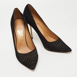 Pre Owned Salvatore Ferragamo Black Laser Cut Suede and Glitter Pointed Toe Pumps Size 39