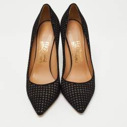 Pre Owned Salvatore Ferragamo Black Laser Cut Suede and Glitter Pointed Toe Pumps Size 39