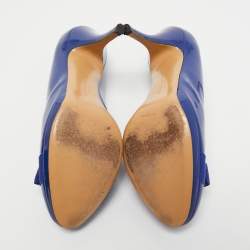 Pre Owned Salvatore Ferragamo Blue Patent Leather Vara Bow Pumps Size 40.5
